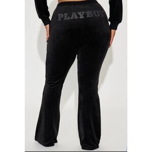 NWT Playboy Black Velour Rhinestone Logo Flare Pants Women’s L (Y2K)